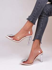 Rhinestone Decor Clear Chunky Heeled Mules - Silver - View 2