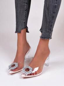Rhinestone Decor Clear Chunky Heeled Mules - Silver - View 3