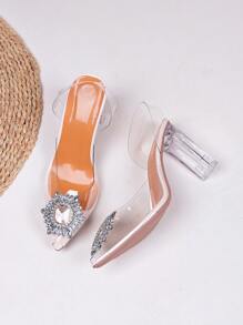 Rhinestone Decor Clear Chunky Heeled Mules - Silver - View 6