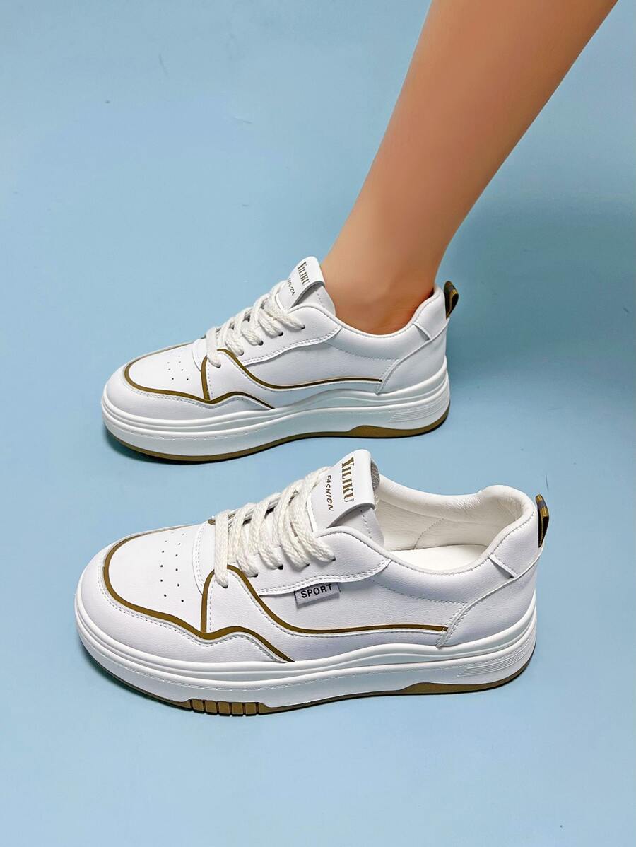 Letter Patch Decor Lace-up Front Skate Shoes - Khaki - View 1