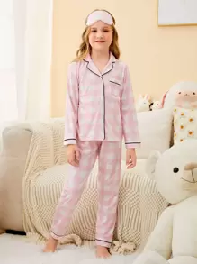 Chicas Conjunto de pijama de guingán ribete en contraste con cubierta de ojo - Rosa Pálido - Ver 1