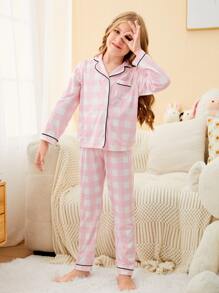 Chicas Conjunto de pijama de guingán ribete en contraste con cubierta de ojo - Rosa Pálido - Ver 5