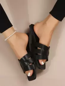 Sandalias deslizantes con estampado de piel de serpiente, Diapositivas elegantes de color negro con estampado de serpiente, Atuendos de primavera y verano - Negro - Ver 4