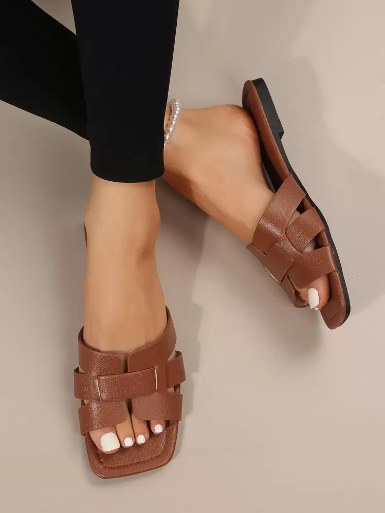 Sandalias deslizantes con corte y estampado de piel de serpiente, sandalias elegantes de color marrón con patrón de serpiente, atuendos de primavera y verano - Marrón - Añade 3