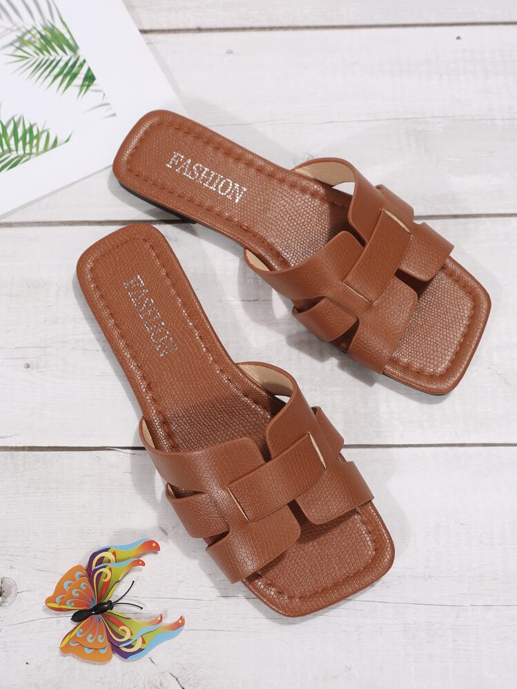 Sandalias deslizantes con corte y estampado de piel de serpiente, sandalias elegantes de color marrón con patrón de serpiente, atuendos de primavera y verano - Marrón - Añade 4