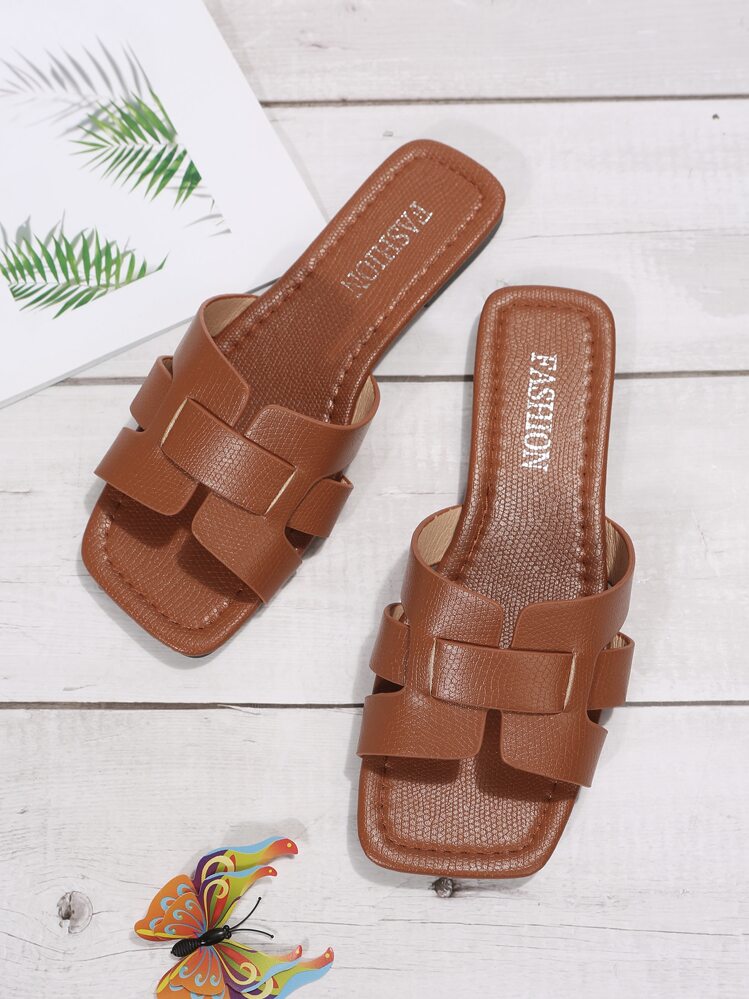 Sandalias deslizantes con corte y estampado de piel de serpiente, sandalias elegantes de color marrón con patrón de serpiente, atuendos de primavera y verano - Marrón - Añade 5