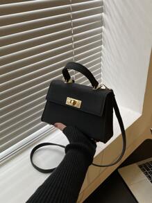 Mini Twist Lock Flap Square Baghandbag,Crossbody Bag,Shoulder BagCasual,MinimalistSolid ColorLightweight,Portable,With Adjustable StrapFor Girl,For Women, Rookies & White-Collar Workers,For Womangift Bag,Perfect For Office,Work ,Business,Commute - Black - View 1