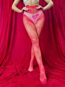 Medias de malla con patrón de corazón - Rojo - Ver 3