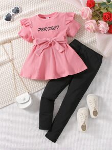 SHEIN Top Y Leggings Con Ribete De Volantes Y Bordado De Letras Para Chicas Jóvenes - Multicolor - Ver 1