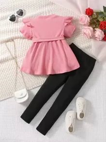 SHEIN Top Y Leggings Con Ribete De Volantes Y Bordado De Letras Para Chicas Jóvenes - Multicolor - Ver 2