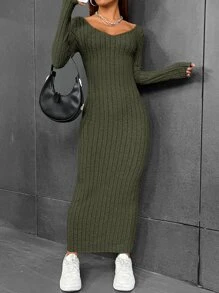 SHEIN EZwear 素色條紋針織緊身連衣裙 - 軍綠色 - 查看 1