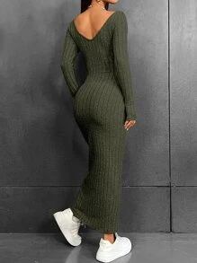 SHEIN EZwear 素色條紋針織緊身連衣裙 - 軍綠色 - 查看 2