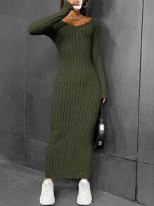 SHEIN EZwear 素色條紋針織緊身連衣裙 - 軍綠色 - 查看 3