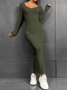 SHEIN EZwear 素色條紋針織緊身連衣裙 - 軍綠色 - 查看 4