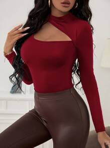 SHEIN SXY 小高領素色鏤空T恤 - 酒紅色 - 查看 5