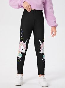 SHEIN Tween Girl Unicorn Print Leggings - Black - View 1