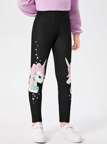 SHEIN Tween Girl Unicorn Print Leggings - Black - View 3