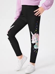 SHEIN Tween Girl Unicorn Print Leggings - Black - View 4