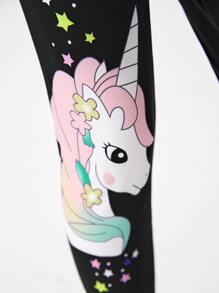 SHEIN Tween Girl Unicorn Print Leggings - Black - View 5