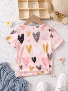 SHEIN Cô gái trẻ màu hồng nhạt in hình trái tim Áo phông đơn giản dễ thương có cổ tròn và tay áo thông thường cho mùa hè - Màu Hồng baby - Xem 2