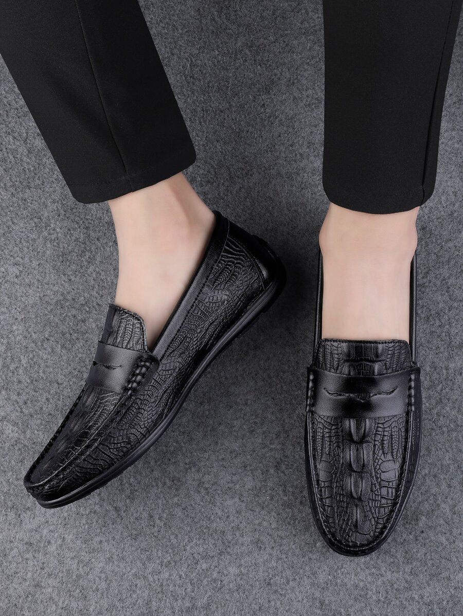 Men Crocodile Embossed Casual Loafers - Black - View 1