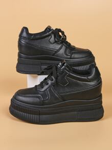 Women's Platform Sneakers, Fashion Versatile Ladies Shoes, Lace-Up Casual Shoes, Hidden Wedge Slimming Footwear - Black - View 3