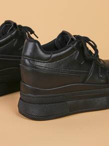 Women's Platform Sneakers, Fashion Versatile Ladies Shoes, Lace-Up Casual Shoes, Hidden Wedge Slimming Footwear - Black - View 2