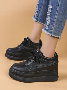 Women's Platform Sneakers, Fashion Versatile Ladies Shoes, Lace-Up Casual Shoes, Hidden Wedge Slimming Footwear - Black - View 1