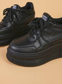 Women's Platform Sneakers, Fashion Versatile Ladies Shoes, Lace-Up Casual Shoes, Hidden Wedge Slimming Footwear - Black - View 4