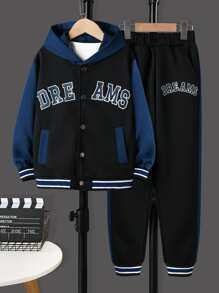 Boys Letter Graphic Striped Trim Hooded Jacket & Joggers Without Tee - Black - View 1