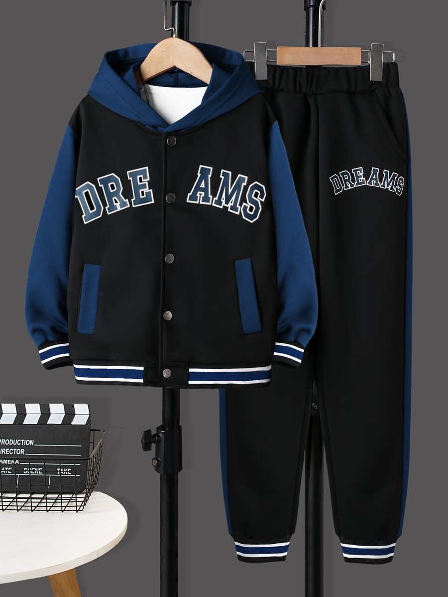 Boys Letter Graphic Striped Trim Hooded Jacket & Joggers Without Tee - Black - View 1