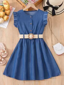 Tween Girl Ruffle Trim Button Front Dress - Blue - View 6