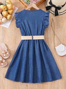 Tween Girl Ruffle Trim Button Front Dress - Blue - View 2