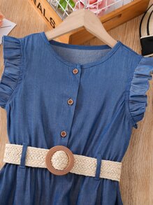 Tween Girl Ruffle Trim Button Front Dress - Blue - View 3