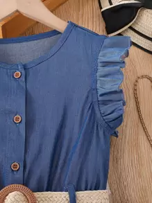 Tween Girl Ruffle Trim Button Front Dress - Blue - View 5