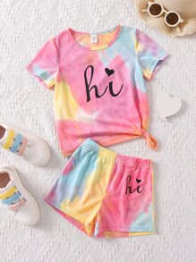 SHEIN Young Girl Letter Tie-dye Sports Round Neck Regular Sleeve 2pcs Set, Summer - Multicolor - View 1