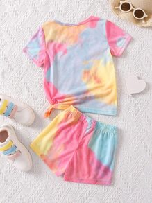 SHEIN Young Girl Letter Tie-dye Sports Round Neck Regular Sleeve 2pcs Set, Summer - Multicolor - View 2