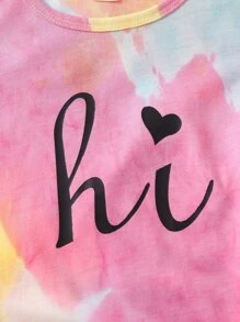 SHEIN Young Girl Letter Tie-dye Sports Round Neck Regular Sleeve 2pcs Set, Summer - Multicolor - View 3