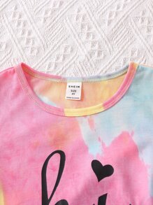 SHEIN Young Girl Letter Tie-dye Sports Round Neck Regular Sleeve 2pcs Set, Summer - Multicolor - View 4