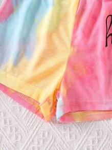 SHEIN Young Girl Letter Tie-dye Sports Round Neck Regular Sleeve 2pcs Set, Summer - Multicolor - View 5