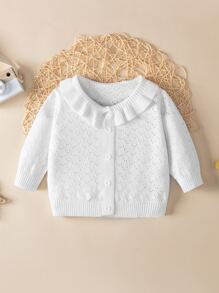 Baby Ruffle Trim Pointelle Knit Cardigan - White - View 1