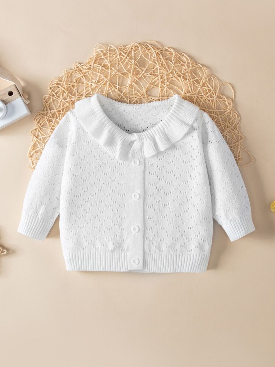 Baby Ruffle Trim Pointelle Knit Cardigan - White - View 1