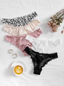 5packs Leopard Lettuce Trim Sexy Panties - Multicolor - View 1