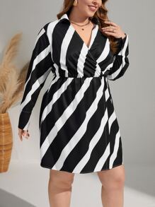 SHEIN Essnce Plus Striped Print Drop Shoulder Wrap Dress Without Belt - Black and White - View 3
