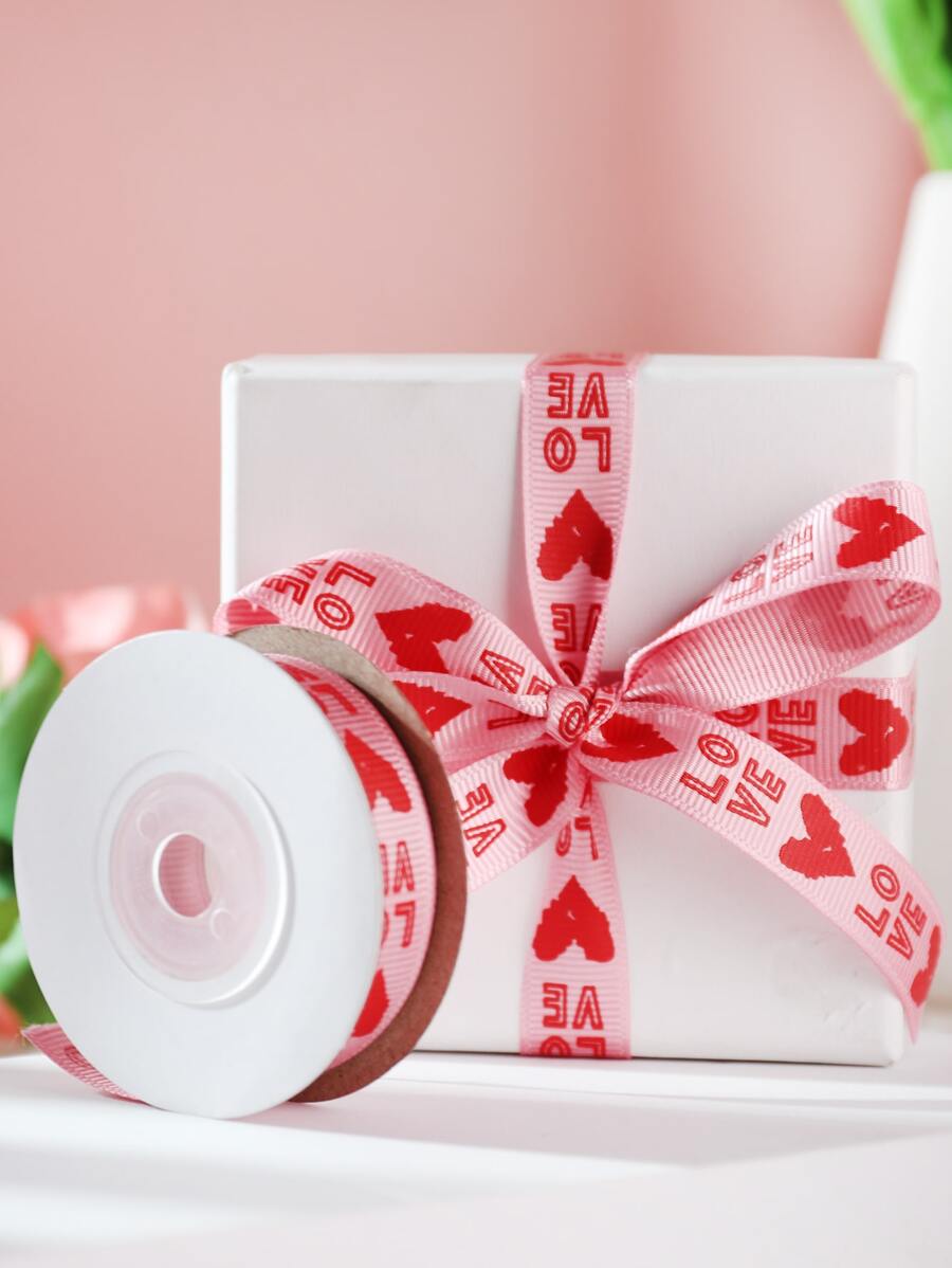 1roll Valentine's Day Heart & Letter Graphic Gift Wrapping Ribbon, DIY Decorative Gift Ribbon For Wedding, Party - Multicolor - View 1