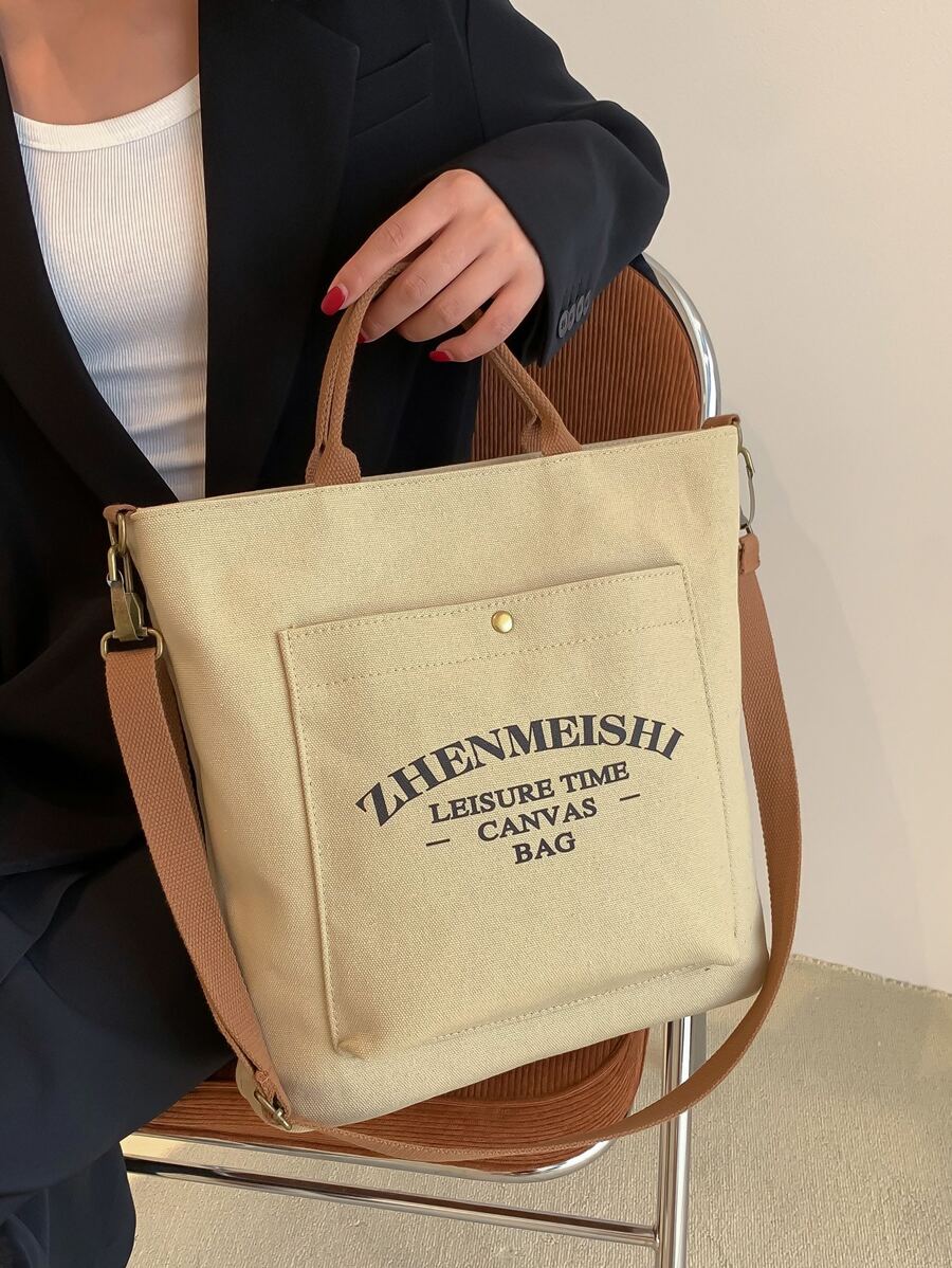 Bolsa de compras con estampado de letra doble asa - Caqui - Ver 1