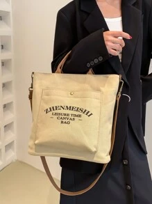 Bolsa de compras con estampado de letra doble asa - Caqui - Ver 3