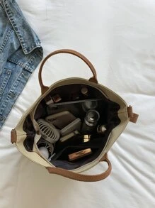 Bolsa de compras con estampado de letra doble asa - Caqui - Ver 5