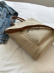 Bolsa de compras con estampado de letra doble asa - Caqui - Ver 7