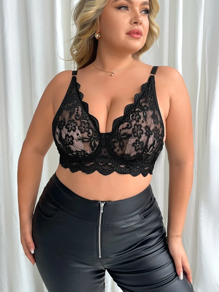 Plus Floral Lace Underwire Bra - Black - View 1